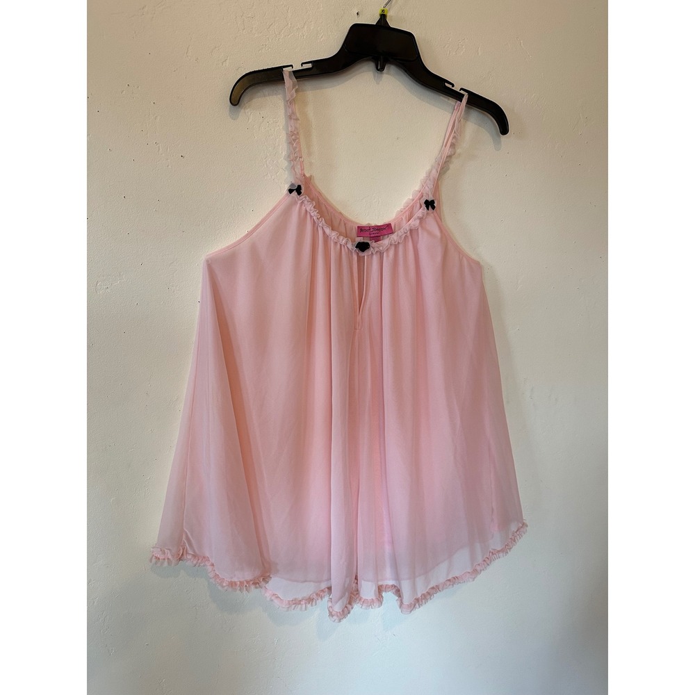Betsey Johnson Babydoll Cami Women L Pink Lingerie Mesh Ruffle Bow Coquette Y2k